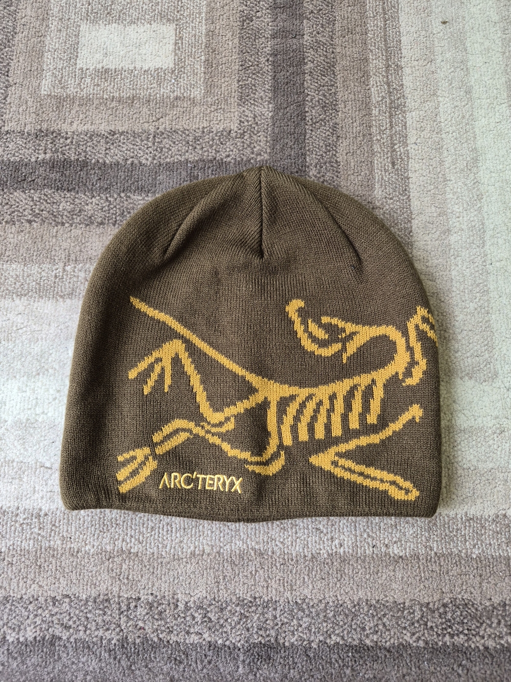 Arc'teryx Brown Beanie with Yellow Logo Graphic